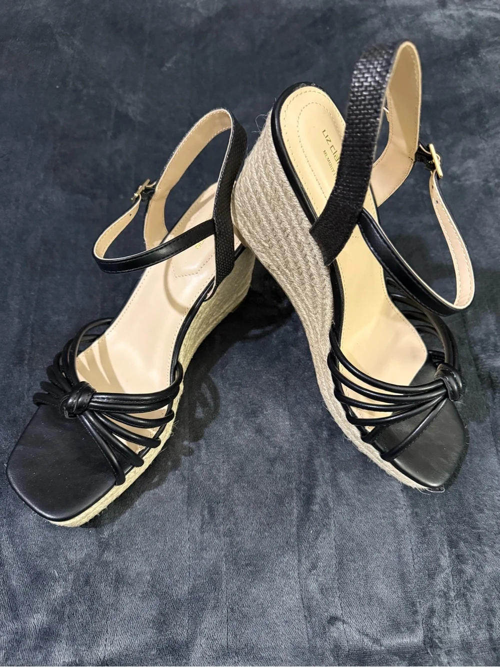 Liz Claiborne Black Strappy Espadrille Wedge Sandals